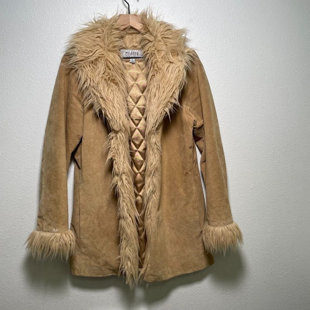 Vintage Wilson's Suede Leather Tan Faux Fur Trim Boho Y2K Coat Jacket Large JLO - Picture 3 of 12